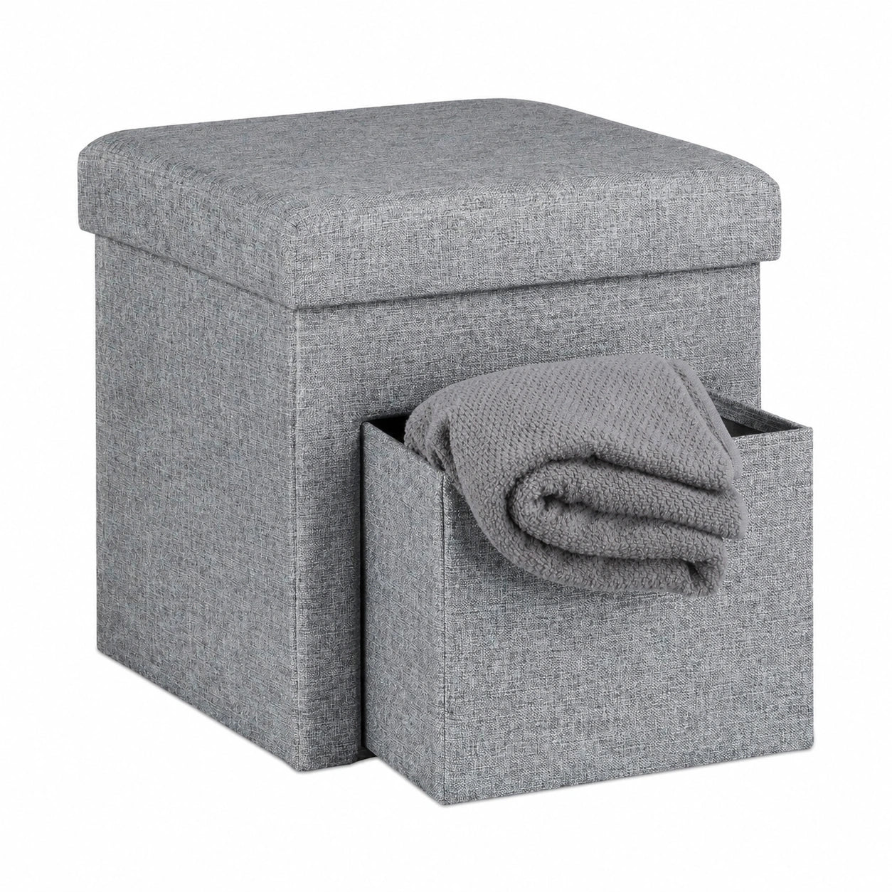 Faltbarer Relaxdays Sitzhocker mit Leinenbezug und Stauraum, abnehmbarer Deckel, 38 cm Würfel, Grau