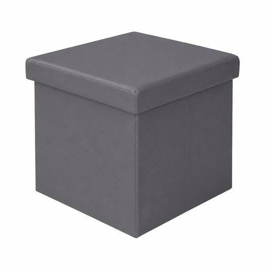 Faltbarer Sitzhocker mit Stauraum in Lederoptik, 38x38x38 cm, Grau, 40L Kapazität, Belastbar bis 300 kg