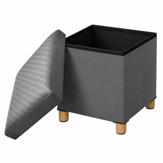 Faltbarer Hocker mit Stauraum und rutschfesten Holzbeinen, PVC Gingham Polsterung, Dunkelgrau (38 x 38 x 41 cm)
