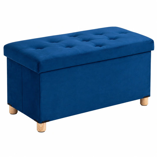 Sitzbank mit Stauraum aus Samt, Faltbare Sitztruhe mit Beinen, Wohnzimmer & Schlafzimmer Aufbewahrung, 76 x 38 x 38 cm, Blau