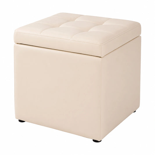 GOPLUS Polsterhocker mit Stauraum, Würfelhocker aus PU, Sitzbox mit Holzstruktur 40x40x40cm, Farbe Cremeweiß