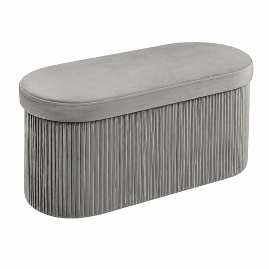 Butopea Samtbank mit Stauraum, Faltbare ovale Sitzhocker in Grau, Aufbewahrungsbox 78 x 38 x 38 cm, Polsterbank mit Deckel für jeden Raum