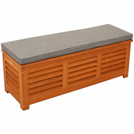 DEGAMO Aufbewahrungsbox für Kissen aus Eukalyptusholz, 128 x 42 x 43,5 cm, braun geölt, inkl. grauer Auflage, FSC-zertifiziert