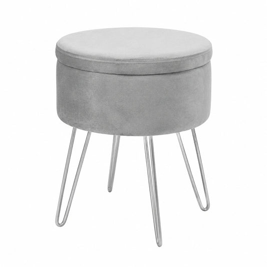Harbour Housewares Runder Samt-Fußhocker Grau/Silber mit Stauraum, H45 x D36cm - Wohnzimmer, Schminktisch, Ottomane