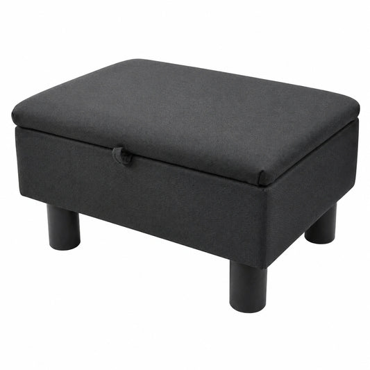 Pouffe-Fußhocker aus Leinen mit Stauraum und Holzbeinen, Aufbewahrungswürfel mit Deckel in Schwarz für Wohnzimmer, Schlafzimmer und Flur