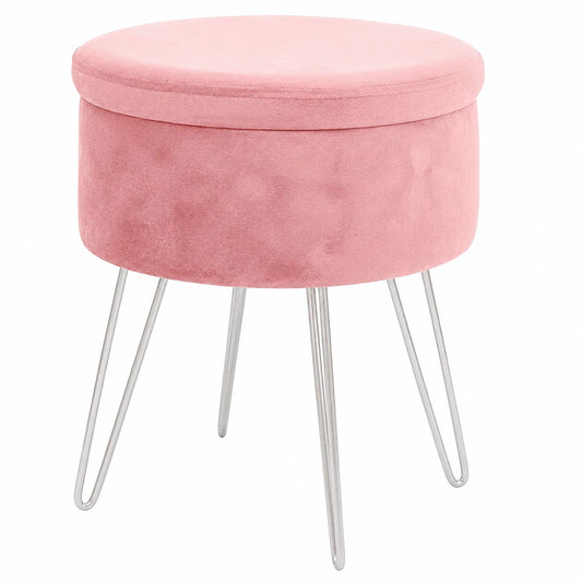 Runder Samt-Fußhocker mit Stauraum in Rosa/Silber, H45 x D36cm – Ideal für Wohnzimmer und Schminktisch