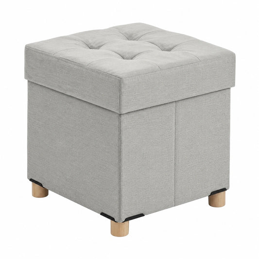 Moderner Relaxdays Sitzhocker mit Stauraum und Holzbeinen, 38cm, Leinenoptik, Hellgrau