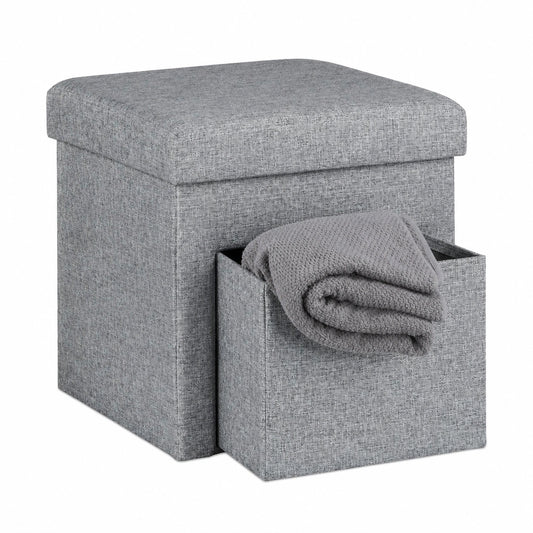Faltbarer Relaxdays Sitzhocker mit Leinenbezug und Stauraum, abnehmbarer Deckel, 38 cm Würfel, Grau